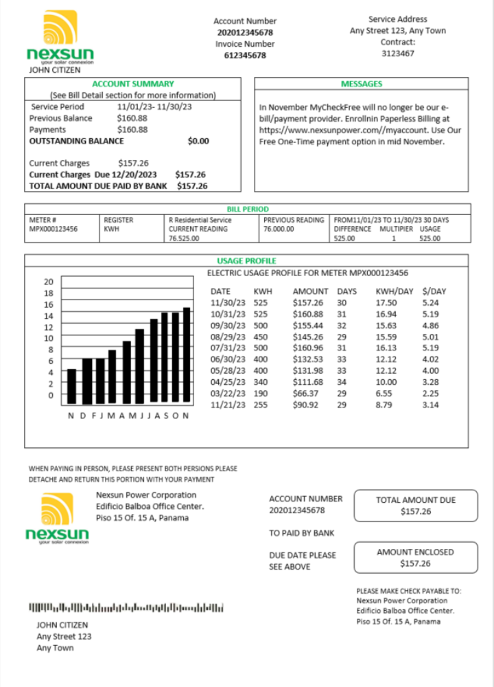 Panama Nexsun Power Corporation electricity utility bill Word and PDF template